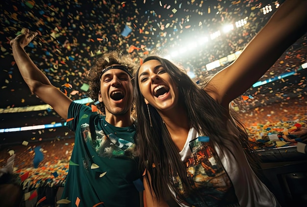 Fani cieszą się imprezą na stadionie w koszulce cheerleaderki.