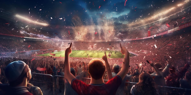 Fani piłki nożnej oglądają mecz piłki nożnej na stadionie z generowaną sztuczną inteligencją
