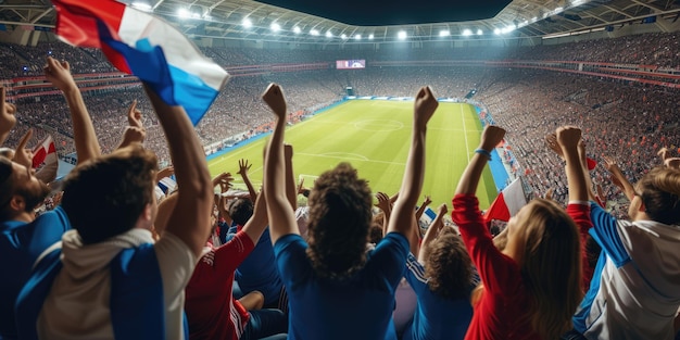 Fani podekscytowani na ekscytującym meczu piłkarskim na stadionie