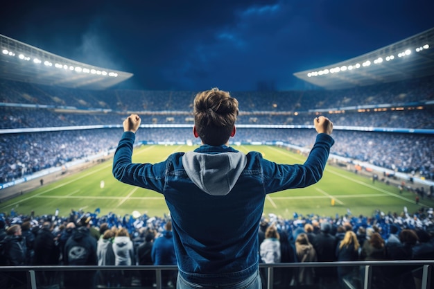 Fani sportu cheer i świętują zwycięski turniej na stadionie Generative AI