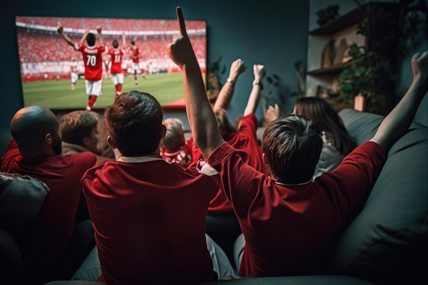 Zdjęcie fani sportu świętują zwycięstwo w turnieju i oglądają telewizję w domu generative ai