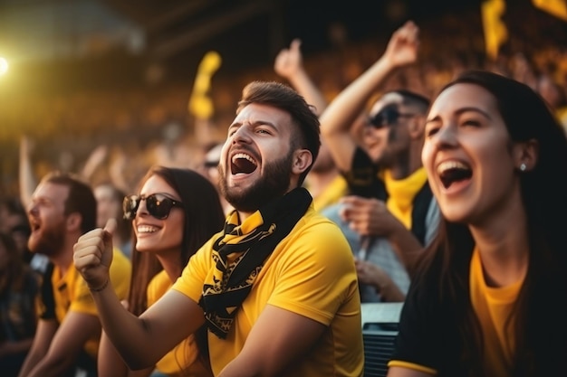 Zdjęcie fani w żółtych koszulkach siedzą w strefie kibica, oglądają i kibicują meczowi na żywo ze stadionu