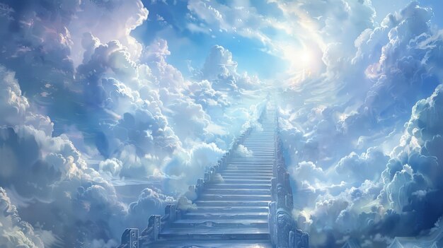 Fantastyczna architektura schody do nieba życie pozagrobowe z piękną białą chmurą na niebieskim niebie