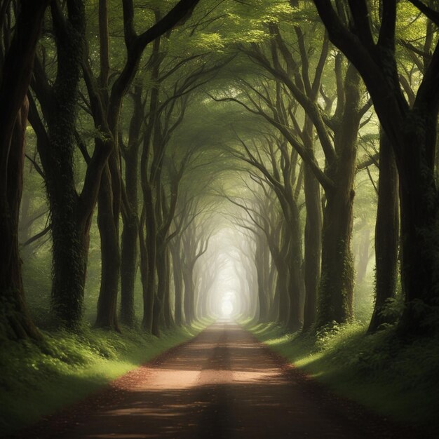 Fantastyczna ciemna leśna droga ze starymi drzewami i światłem przychodzącym z końca