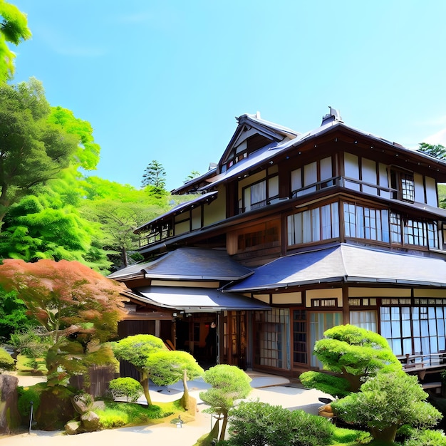 Fantastyczna fasada budynku w stylu japońskim z naturalnym środowiskiem