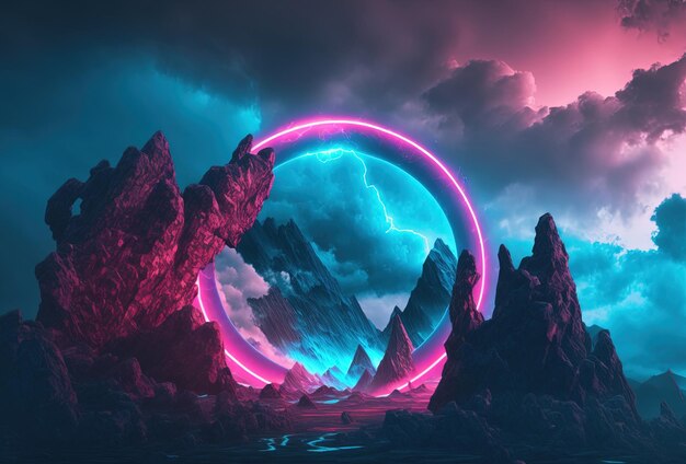 Fantastyczna górska sceneria z okrągłym neonowym portalem na tle pochmurnego, grzmiącego nieba Surrealistyczny dystopijny obcy świat Renderowanie 3D AI wygenerowane