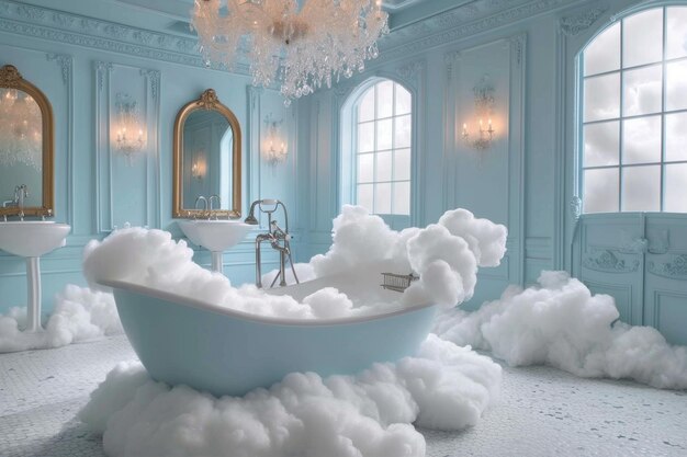 Fantastyczna kąpiel w chmurach Surrealistyczne wnętrze łazienki 3d ilustracja
