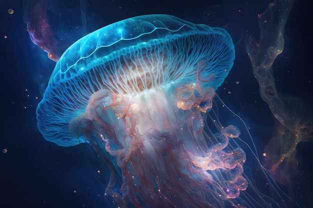 Fantastyczna meduza w kosmosie wśród pięknej niebieskiej mgławicy stworzona za pomocą generatywnej ai