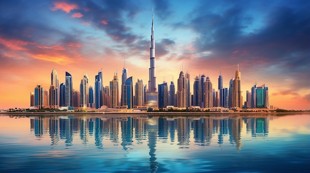 fantastyczna panorama Dubaju, Zjednoczone Emiraty Arabskie, z dramatycznym niebem