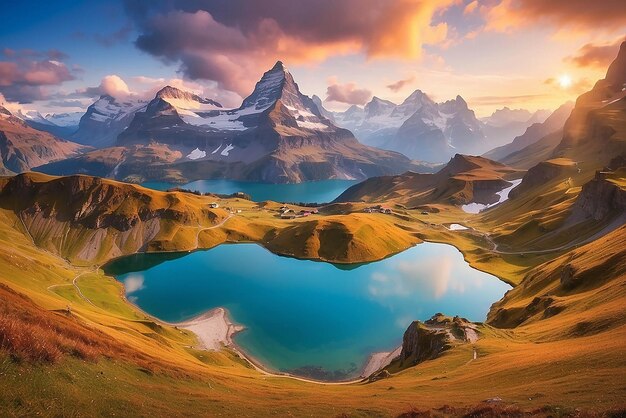 Fantastyczna panorama wieczorna jeziora Bachalp Bachalpsee Szwajcaria Malowniczy jesienny zachód słońca w szwajcarskich Alpach Grindelwald Bernese Oberland Europa Piękno natury koncepcja tła