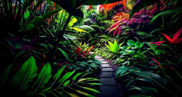 Fantastyczna tapeta dżungli z drzewami i wyjątkowymi roślinami tropikalnymi