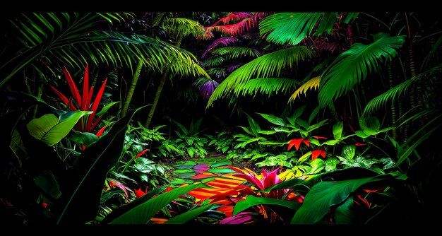 Fantastyczna tapeta dżungli z drzewami i wyjątkowymi roślinami tropikalnymi
