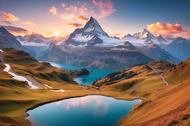 Fantastyczna wieczorna panorama jeziora Bachalp Bachalpsee Szwajcaria