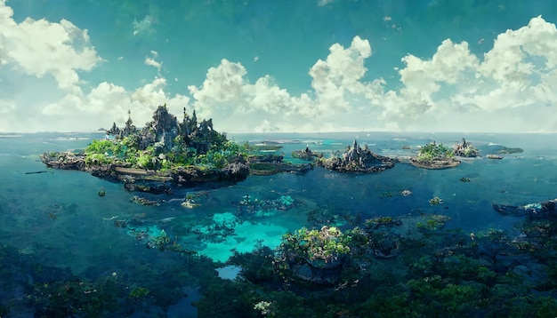 Fantastyczna wyspa na oceanie z błękitnym niebem i chmurami