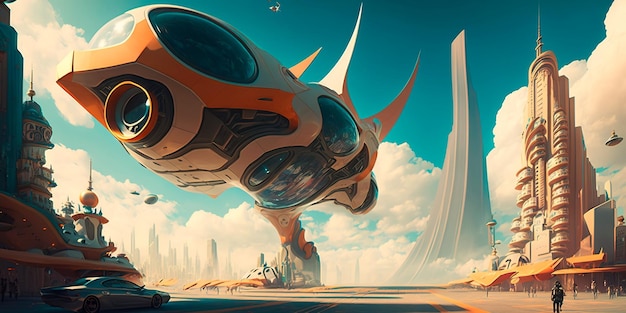 Fantastyczne miasta przyszłości z latającymi samochodami i banerami reklamowymi Generative AI