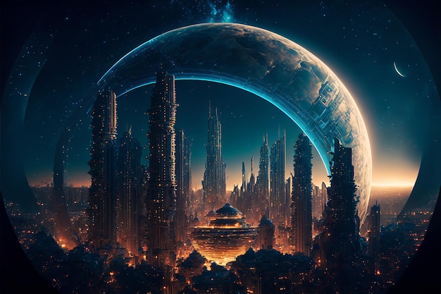 Fantastyczne miasto przyszłości Futurystyczny świat Nocny widok neonów Generacyjna sztuczna inteligencja