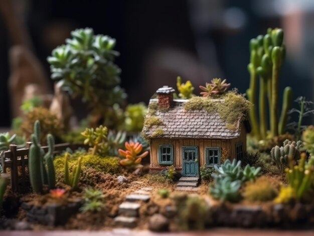 Zdjęcie fantastyczne miniaturowe kwiaty domowe, sukulenty i kaktusy w ogrodzie stworzone za pomocą technologii generatywnej sztucznej umysłu
