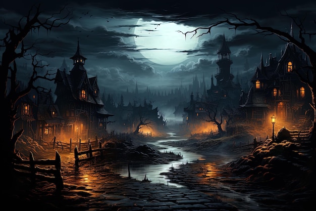 Fantastyczne nocne, straszne tło krajobrazowe dla sztuki generatywnej Halloween Ai