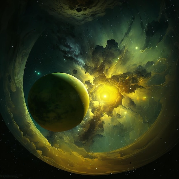 Fantastyczne okrągłe światy kosmiczne piękne tapety w kolorach żółtym i zielonym