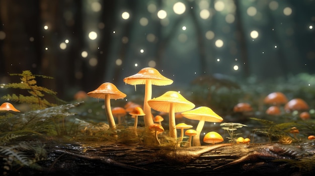 Fantastyczne świecące grzyby w ciemnym, ciemnym lesie, stworzone za pomocą technologii Generative AI