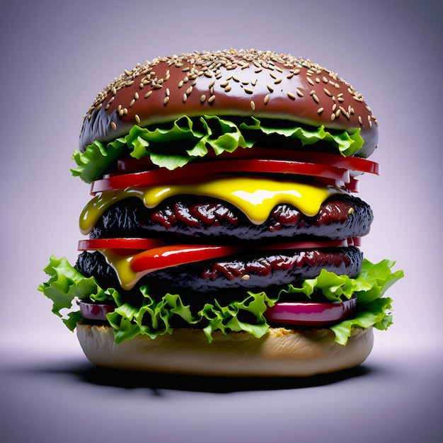 Fantastycznie soczysty, apetyczny hamburger na czarnym tle Sztuka stworzona przez sieć neuronową