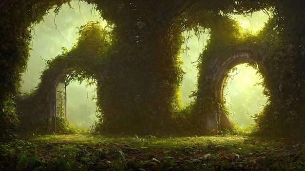 Fantastyczny bajkowy portal w lesie słoneczne światło wieczorne przez gałęzie drzew Magiczny portal w zalesionym terenie Mgiełka o zachodzie słońca rośliny mech i trawa w lesie ilustracja 3d