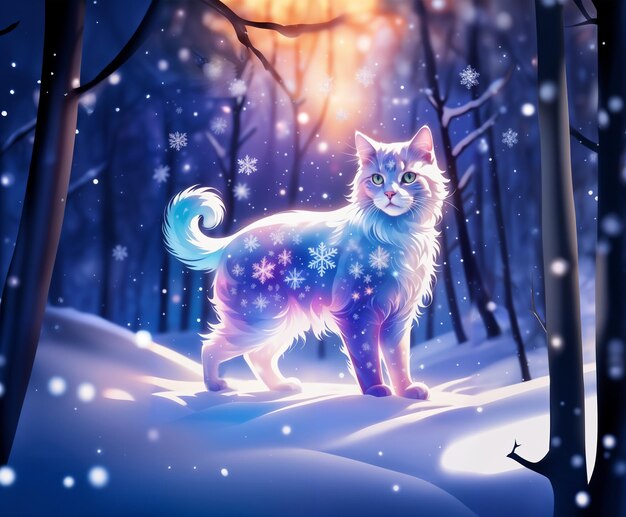 Zdjęcie fantastyczny biały kot zimowy z ilustracją płatków śniegu