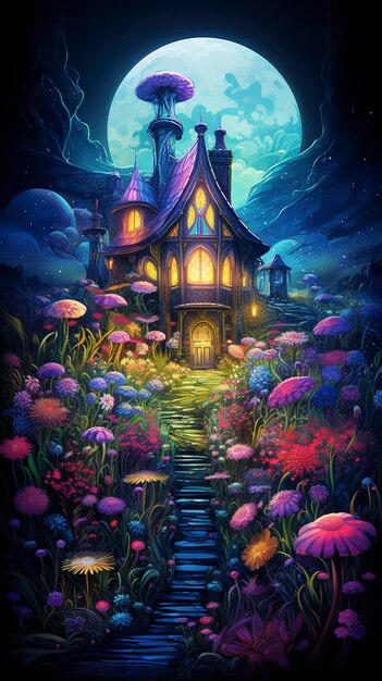 fantastyczny dom na wzgórzu z doliną kwiatów w wielobarwnym neonie w ciemną noc