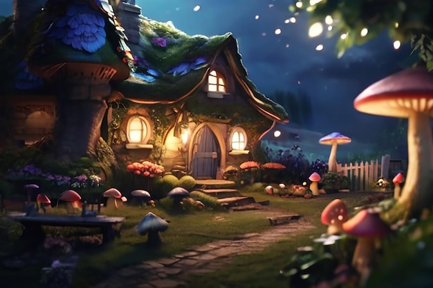 Zdjęcie fantastyczny dom przypominający grzyb rosnący w magicznym lesie