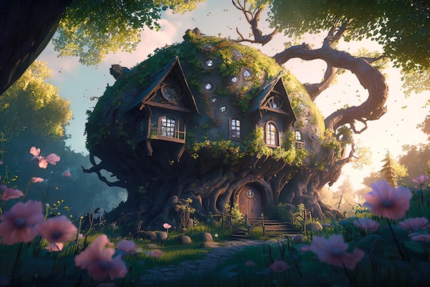 Fantastyczny dom w magicznym leśnym bajkowym mieszkaniu w generatywnej sztucznej inteligencji pnia drzewa