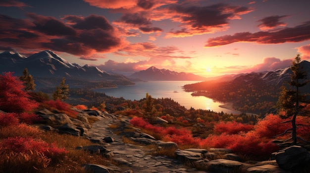 Fantastyczny jesienny widok o zachodzie słońca z niebem, majestatycznymi skalistymi górami i kolorowymi drzewami promieniującymi słońcem.