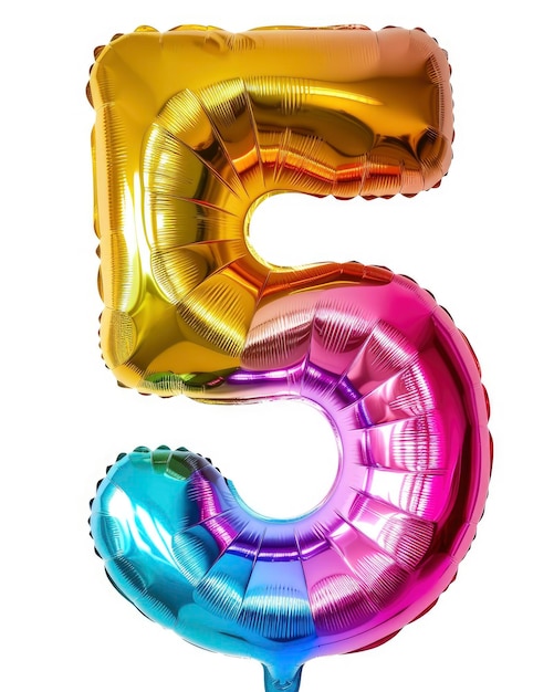 Fantastyczny kolorowy, jasny i żywy balon z folii urodzinowej w kształcie na numerze 5 izolowany na białym