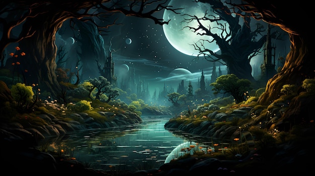 Fantastyczny krajobraz z ciemnym lasem i ilustracją księżyca dla dzieci
