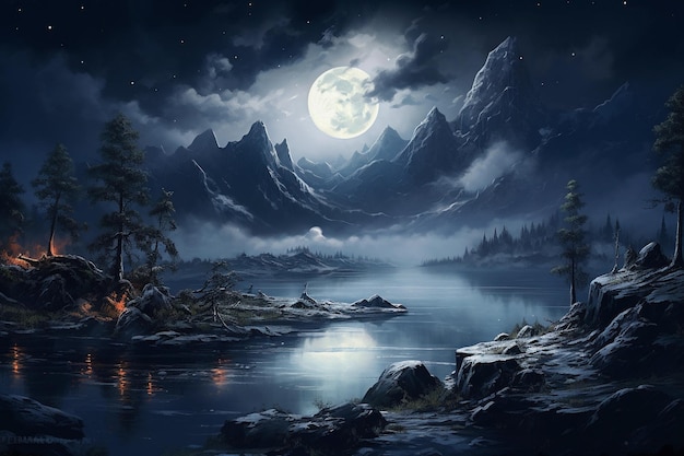 Fantastyczny krajobraz z lasem i jeziorem w nocy