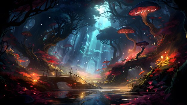 Fantastyczny krajobraz z magicznym lasem i grzybami ai generowany