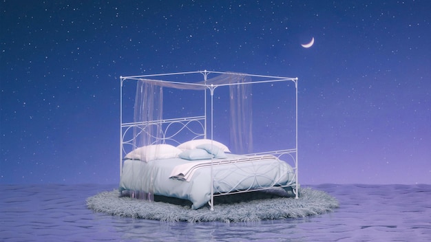 Fantastyczny krajobraz z wymarzonym łóżkiem woda przezroczysta kurtyna tkanina Nocne niebo