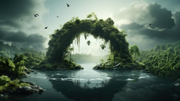 Fantastyczny krajobraz z zielonym portalem leśnym w postaci łuku