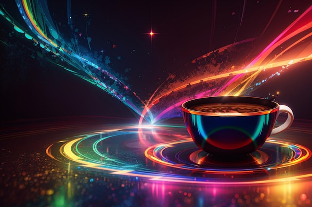 Fantastyczny kubek kawy z abstrakcyjnymi promieniami światła tęczy przechodzącymi przez kubek Generatywna sztuczna inteligencja