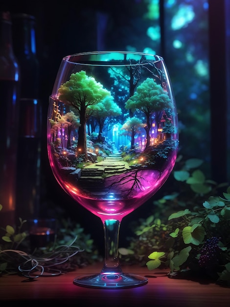 Fantastyczny las w kieliszku z winem.