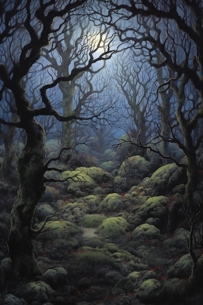 Fantastyczny las z ciemnymi drzewami i jasnym słońcem Malarstwo cyfrowe