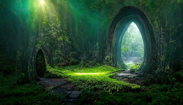 Fantastyczny magiczny portal bramy w lesie Kolorowy malowniczy jasny las Okrągły portal teleportuje się do innych światów Fantastyczny krajobraz ilustracja 3d