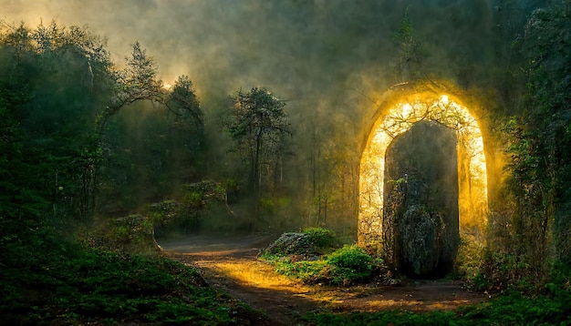 Fantastyczny magiczny portal bramy w lesie Kolorowy malowniczy jasny las Okrągły portal teleportuje się do innych światów Fantastyczny krajobraz ilustracja 3d