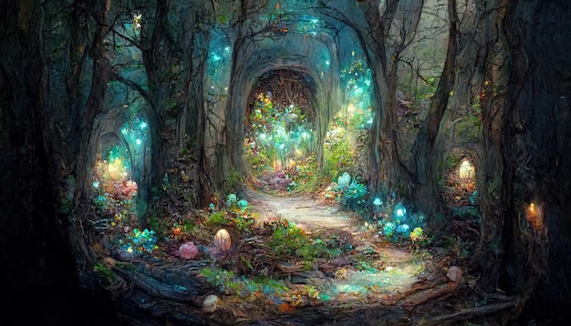 Fantastyczny magiczny portal w mistycznym bajkowym lesie Bajkowe drzwi do równoległego świata ilustracja 3D