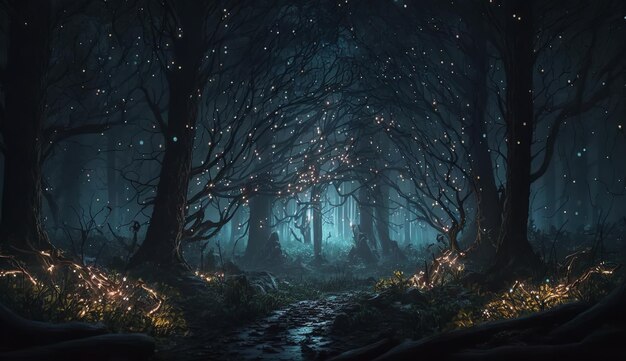 Fantastyczny nocny krajobraz leśny z migoczącymi światłami Generacyjna sztuczna inteligencja