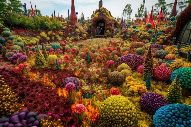 Fantastyczny ogród wypełniony kwitnącymi kwiatami w każdym kolorze, kształcie i rozmiarze