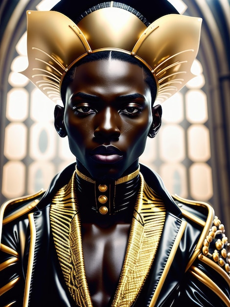 Fantastyczny portret Afroamerykanina w złotym stylowym garniturze