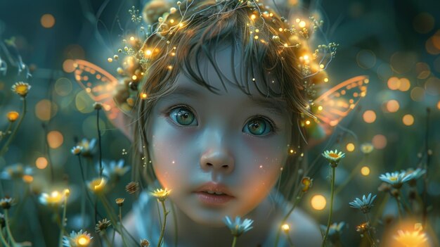 Fantastyczny portret dziewczyny z niebieskimi oczami i wieńcem kwiatowym