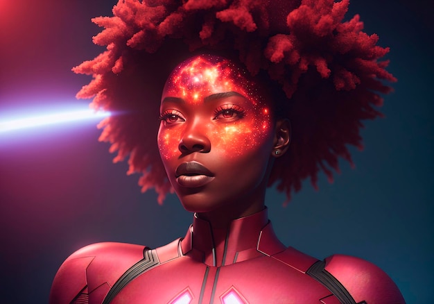 Fantastyczny portret pięknej afroamerykańskiej kobiety w czerwonym kostiumie superbohatera
