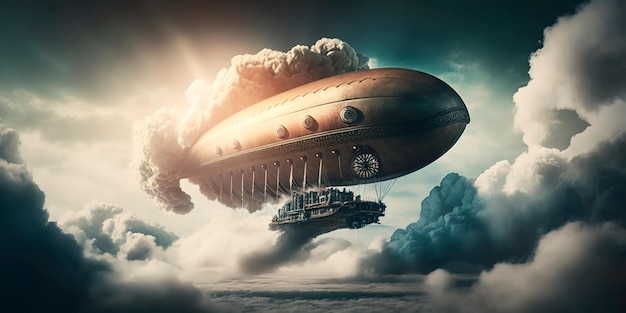 Fantastyczny statek powietrzny szybujący w chmurach napędzany parą i magią generatywną sztuczną inteligencją