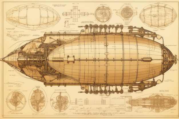 Fantastyczny Sterowiec Steampunk Stary Rysunek Jednostek I Zespołów Sterowca Na Starym Pożółkłym Papierze